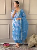Women's Sky Organza with Cotton Lining Embroidered and Printed Straight Kurta with Rayon Pant and Organza Laced Dupatta Sets - Image 2